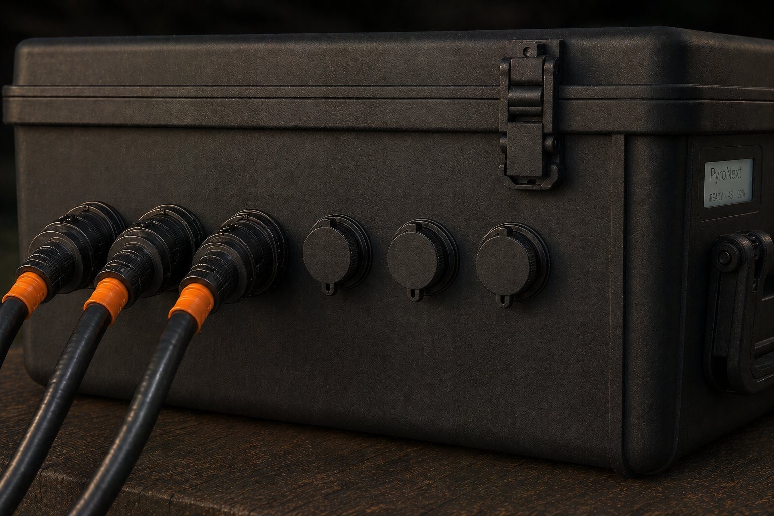 PyroNext Connect Module side wall showing heavy-duty Slat Link cables with orange strain reliefs