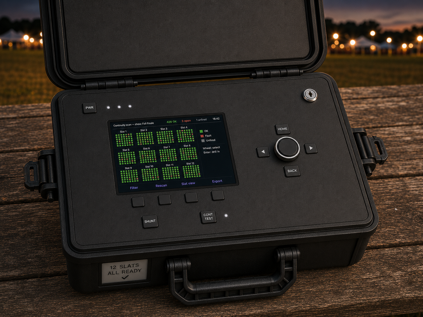PyroNext Connect 12 lid open — 7-inch display showing live output status across all ports