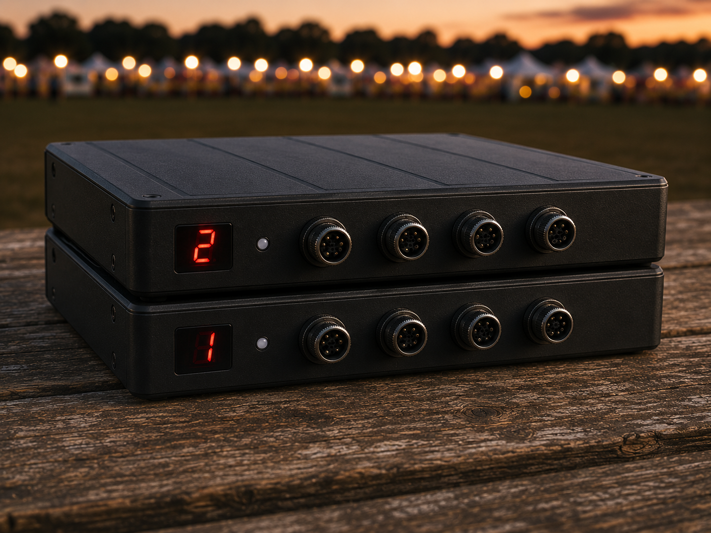 EM2 Bridge deployed in the field at dusk — two boxes chained together