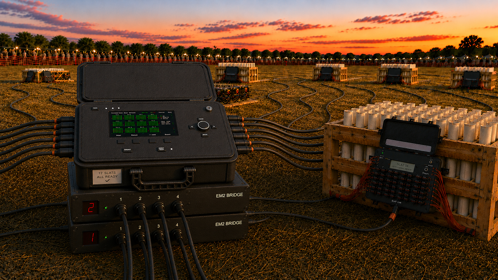 PyroNext ecosystem deployed in the field — Connect 12, EM2 Bridge, and IQ Slats working together at dusk