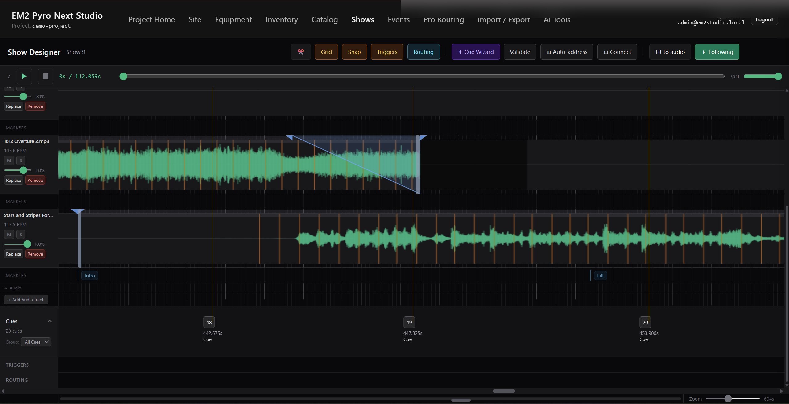 EM2 PyroNext Studio — Show Designer with audio waveform timeline and cue markers