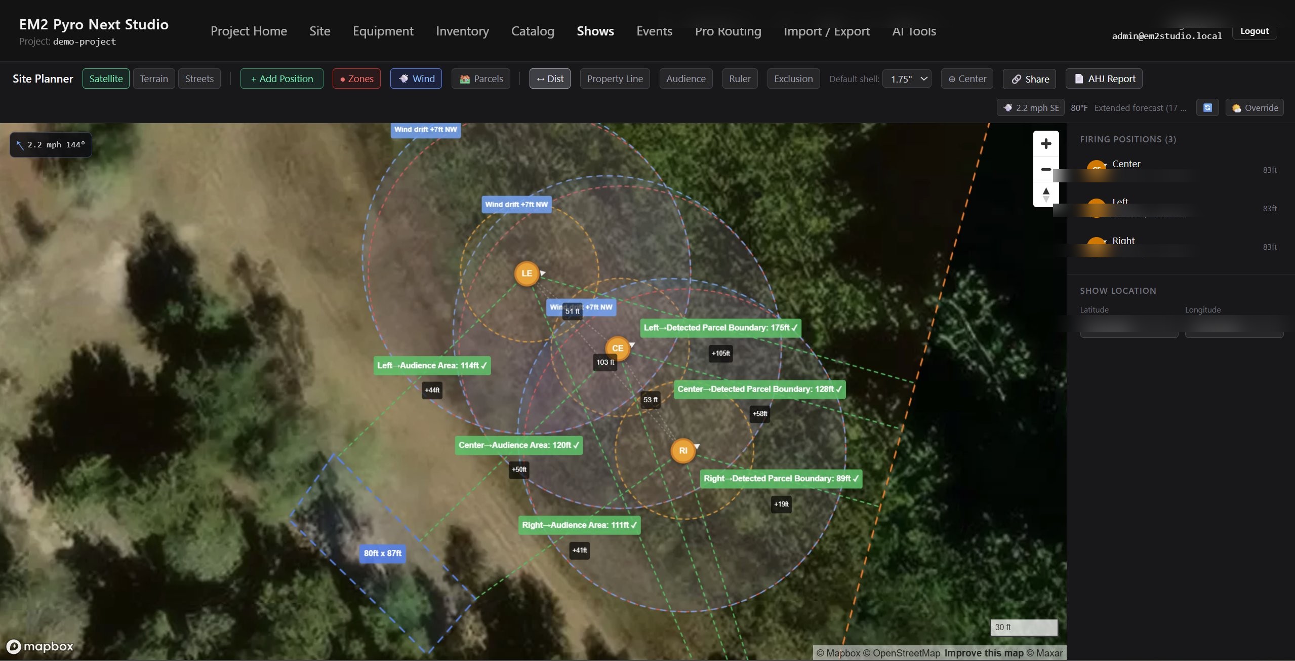 EM2 PyroNext Studio — Site Planner with satellite map, safety zones, audience areas, and parcel boundaries